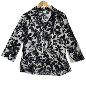 Harve Benard Womens L Linen‎ Blend Floral Button Front Blouse Black White Top